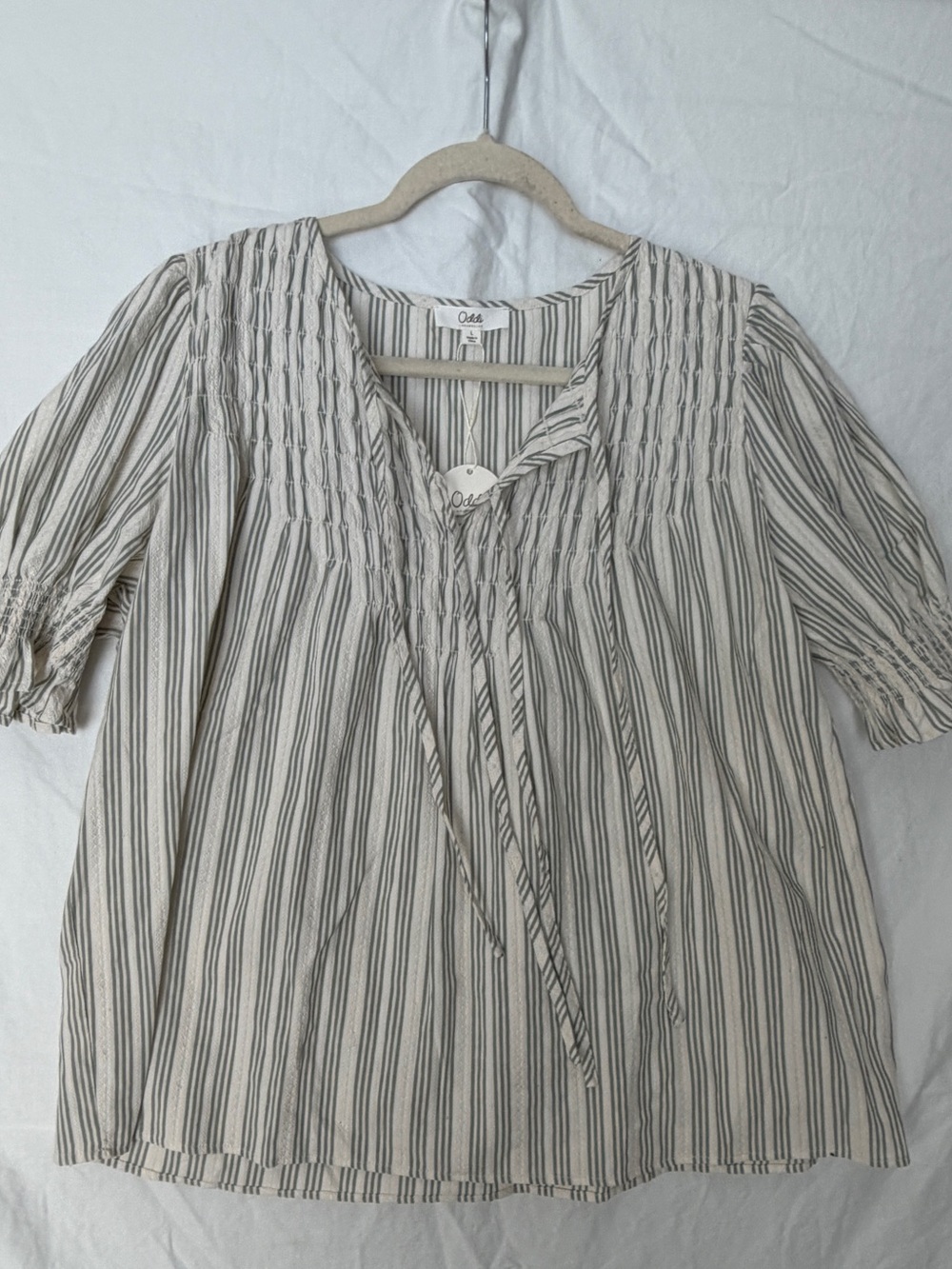 Oddi Cream & Green  Striped Smocked Peasant Blouse NWT SIZE L